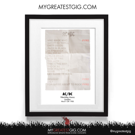 AC/DC - London - Mar 13th 1988 Recreated Setlist Poster