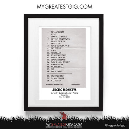 Arctic Monkeys - Coventry - May 31st 2023 Recreated Setlist Poster