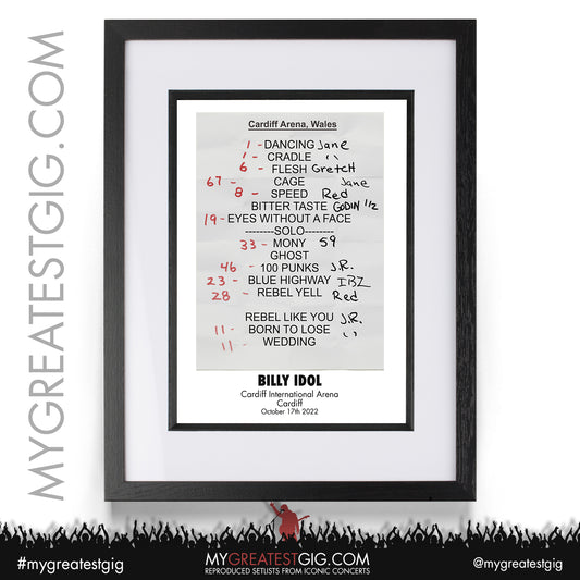 Billy Idol - Cardiff - October 17th 2022 Recreated Setlist Poster