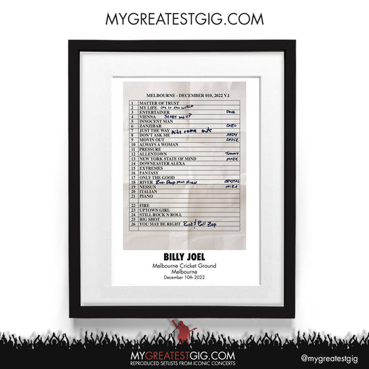 Billy Joel - Melbourne - December 10th 2022 Recreated Setlist Poster