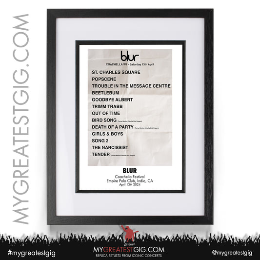 Blur - Coachella - April 13th 2024 Replica Setlist Poster