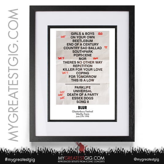 Blur - Glastonbury Festival - June 27th 1998 Recreated Setlist Poster