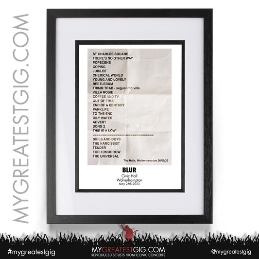 Blur - Wolverhampton - May 26th 2023 Recreated Setlist Poster