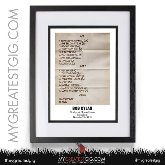 Bob Dylan - Blackpool - November 23rd 2013 Recreated Setlist Poster