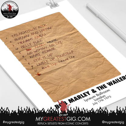 Bob Marley & The Wailers - London - July 17th 2024 Replica Setlist Poster