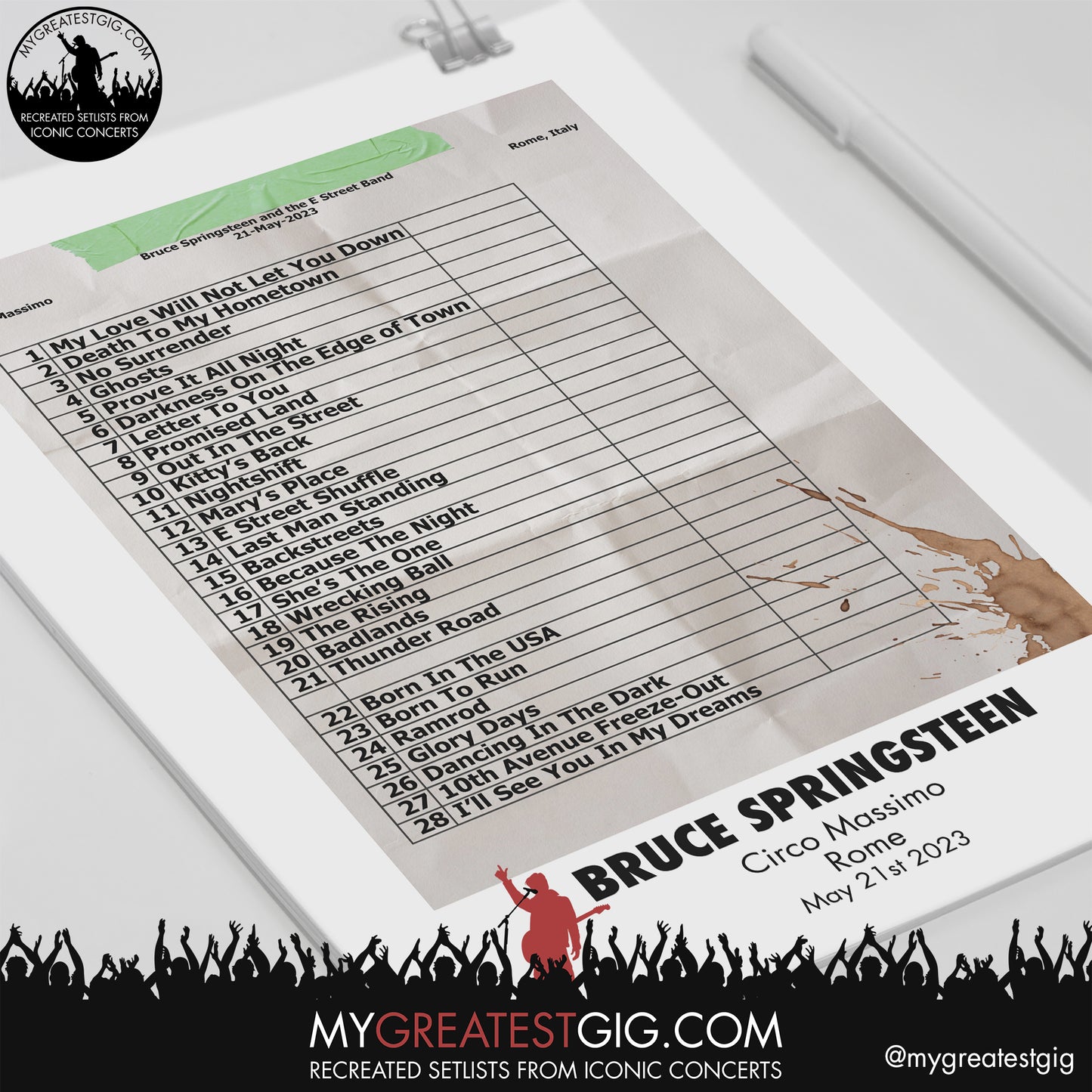 Bruce Springsteen - Rome - May 21st 2023 Recreated Setlist Poster