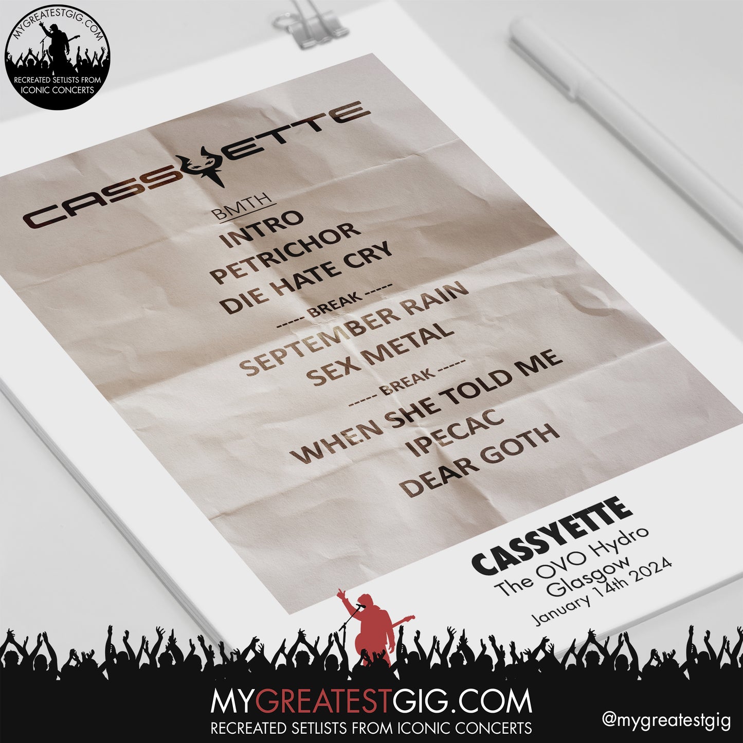 Cassyette - Glasgow - January 14th 2024 Recreated Setlist Poster