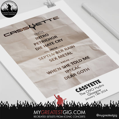 Cassyette - Glasgow - January 14th 2024 Recreated Setlist Poster