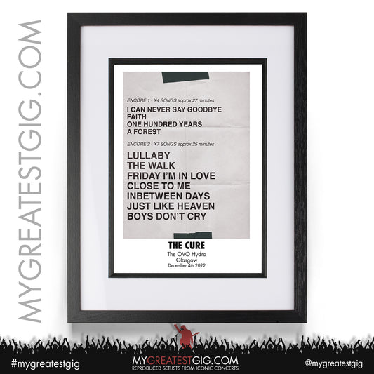 The Cure - Glasgow - December 4th 2022 Recreated Setlist Poster