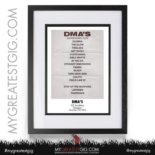 DMA's - Glasgow - December 14th 2023 Recreated Setlist Poster