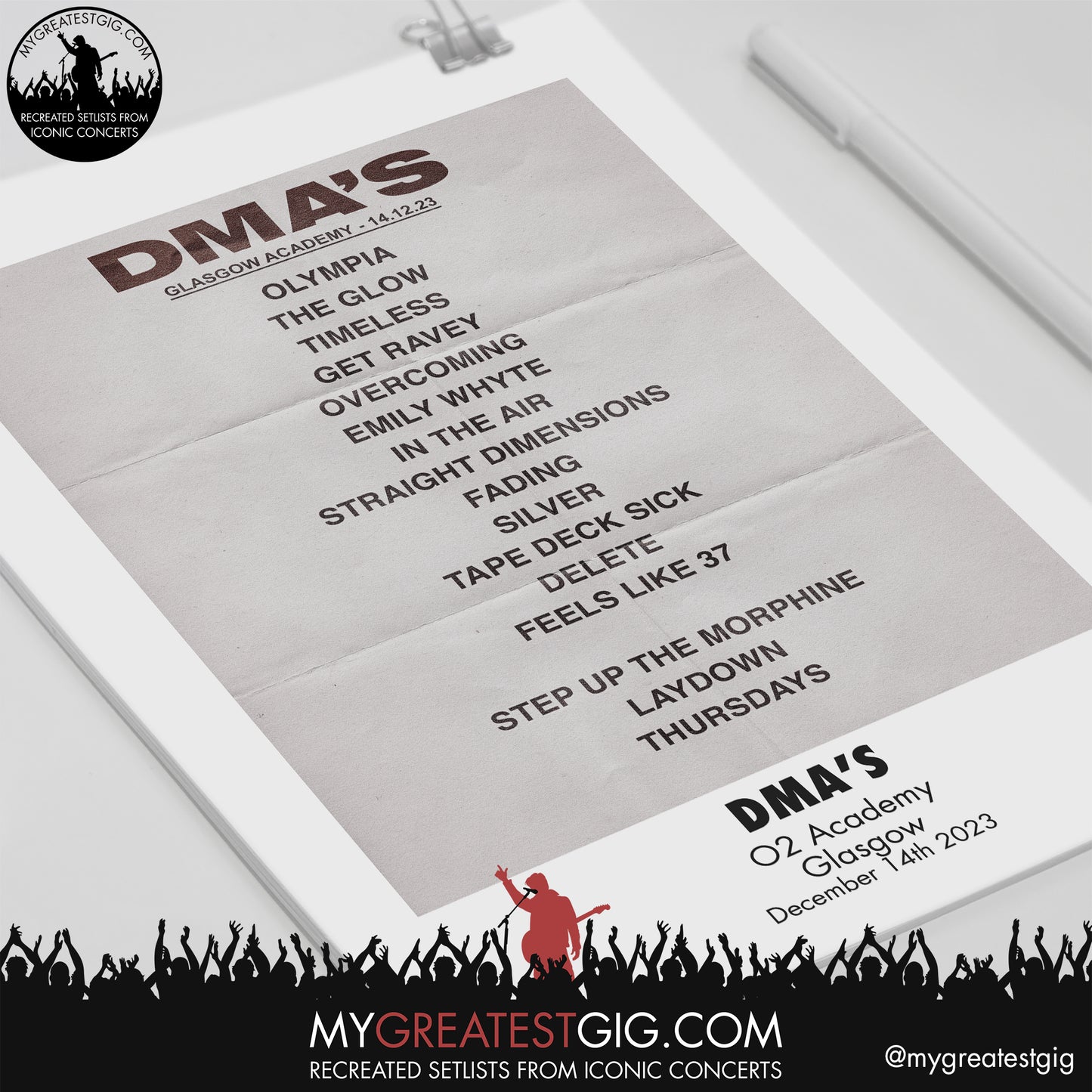 DMA's - Glasgow - December 14th 2023 Recreated Setlist Poster