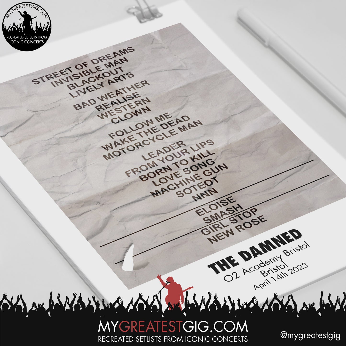 The Damned - Bristol - April 14th 2023 Recreated Setlist Poster