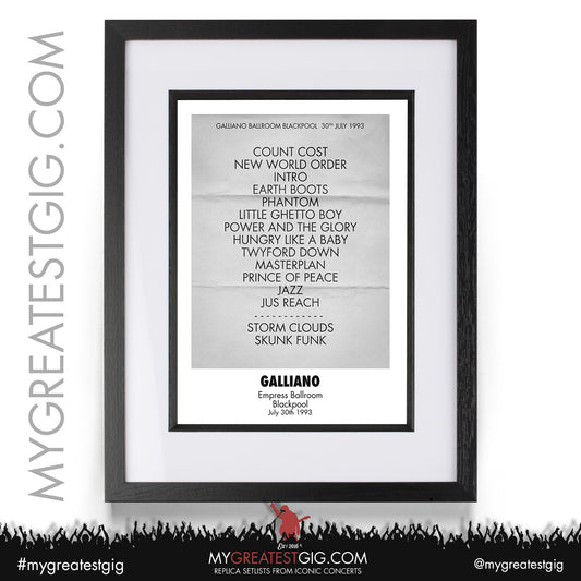 Galliano - Blackpool - July 30th 1993 Replica Setlist Poster