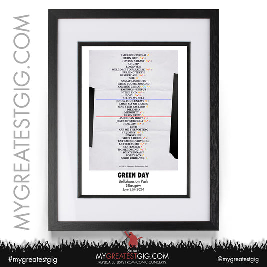 Green Day - Glasgow - June 25th 2024 Replica Setlist Poster