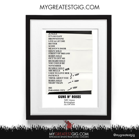 Guns N Roses - Birmingham - July 25th 2006 Recreated Setlist Poster