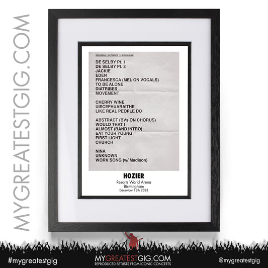 Hozier -Birmingham - December 13th 2023 Recreated Setlist Poster