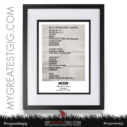 Hozier - Liverpool - December 10th 2023 Recreated Setlist Poster