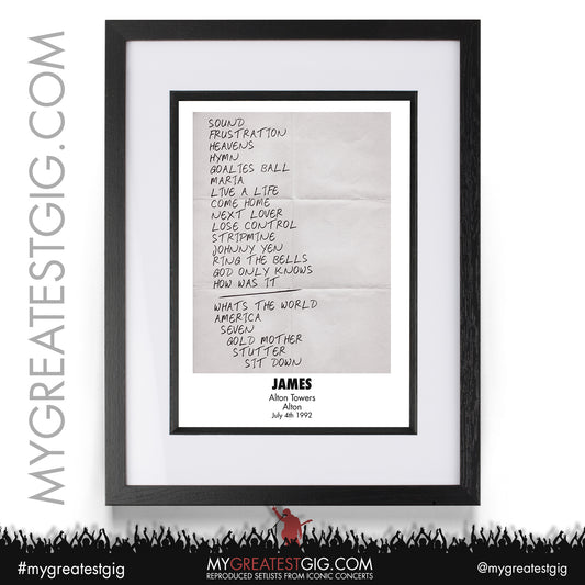 James - Alton Towers - July 4th 1992 Recreated Setlist Poster