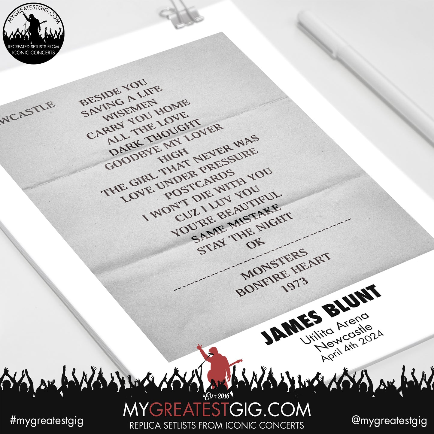 James Blunt - Newcastle - April 4th 2024 Replica Setlist Poster