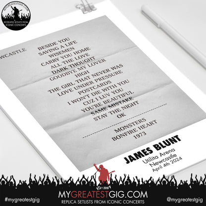 James Blunt - Newcastle - April 4th 2024 Replica Setlist Poster