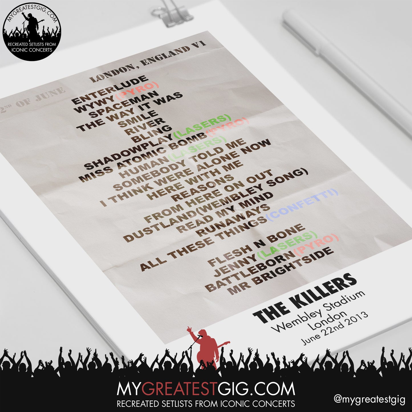 The Killers - London - June 22nd 2013 Recreated Setlist Poster