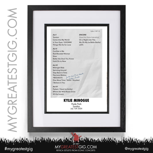 Kylie Minogue - BST Hyde Park - July 13th 2024 Replica Setlist Poster