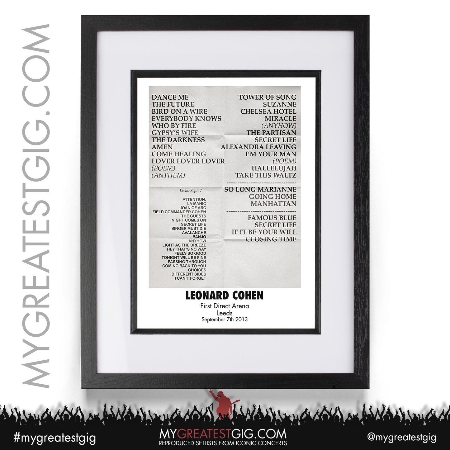 Leonard Cohen - Leeds - September 7th 2013 Recreated Setlist Poster