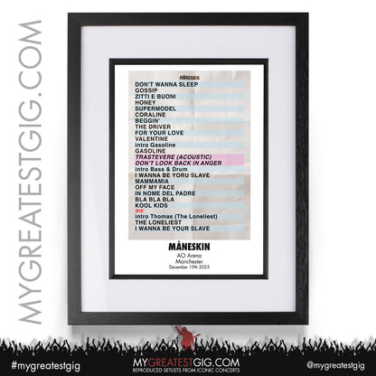 Måneskin - Manchester - December 19th 2023 Recreated Setlist Poster