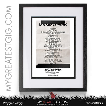 Maximo Park - Liverpool - October 2nd 2022 Recreated Setlist Poster