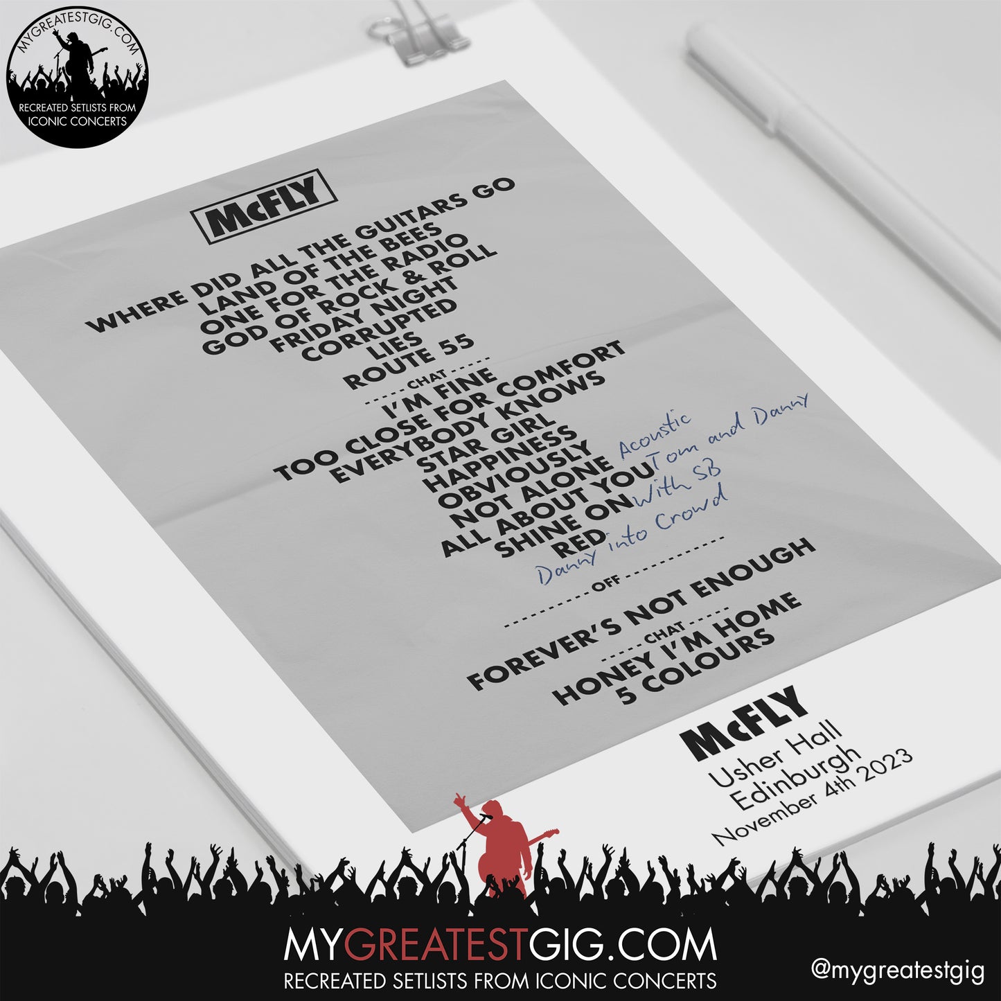 McFly - Edinburgh - November 4th 2023 Recreated Setlist Poster