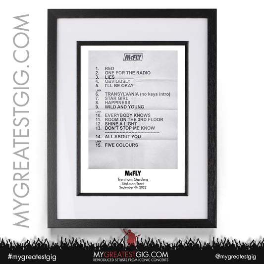 McFly - Stoke-On-Trent - September 4th 2022 Recreated Setlist Poster