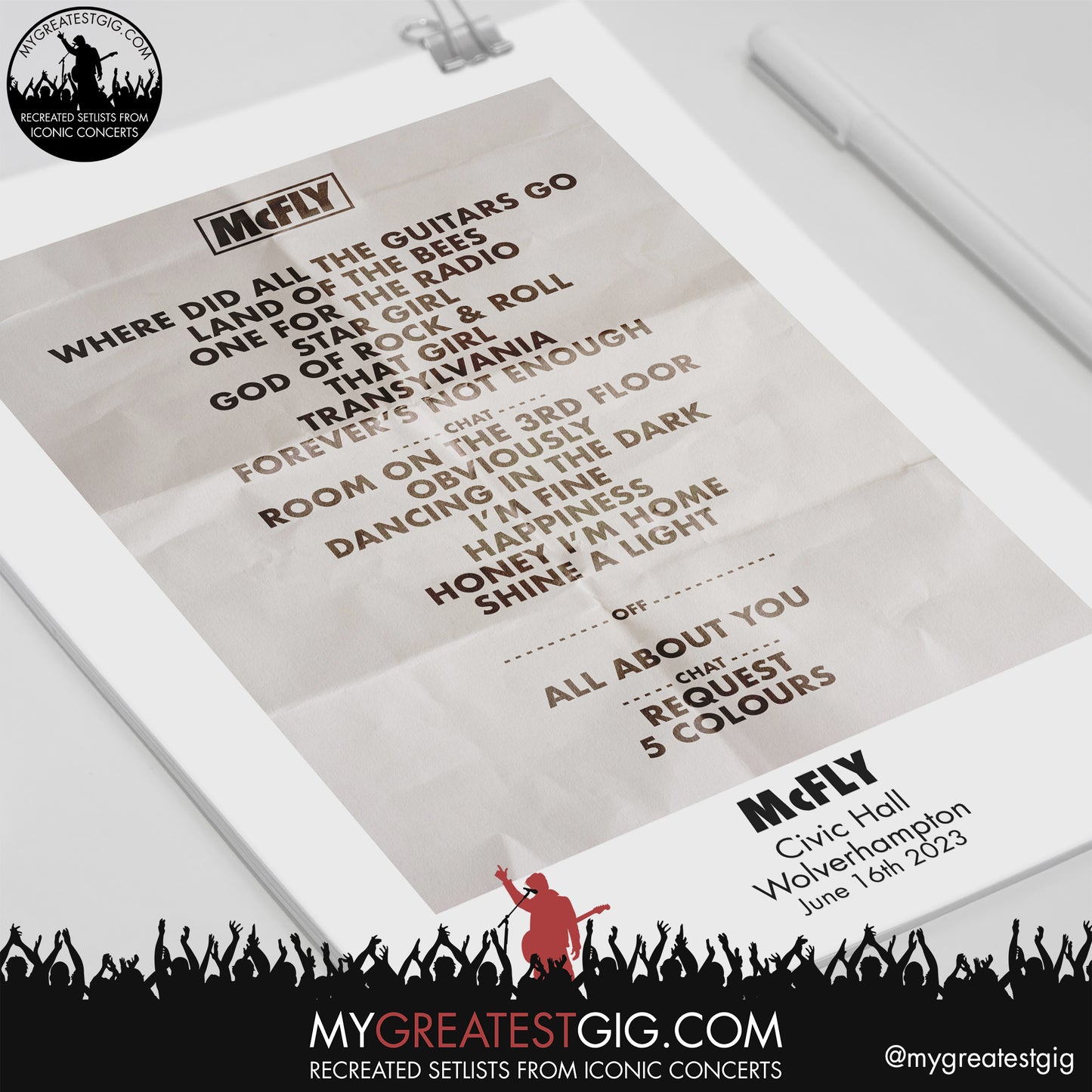 McFly - Wolverhampton - June 16th 2023 Recreated Setlist Poster