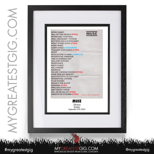 Muse - Dublin - September 27th 2023 Recreated Setlist Poster