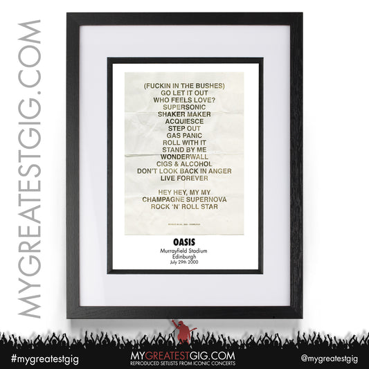 Oasis - Edinburgh - July 29th 2000 Recreated Setlist Poster