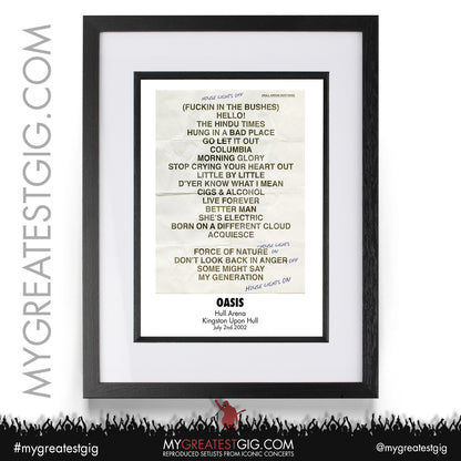 Oasis - Hull - July 2nd 2002 Recreated Setlist Poster