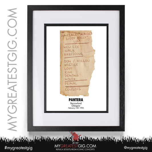 Pantera - Barrowland - February 14th 1993 Replica Setlist Poster