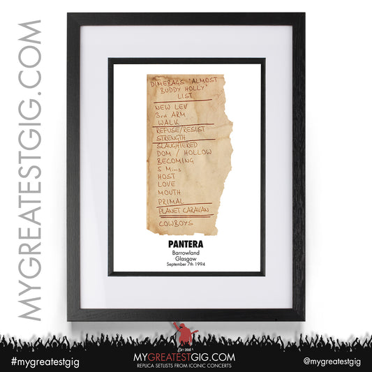 Pantera - Barrowland - September 7th 1994 Replica Setlist Poster