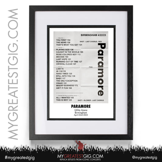 Paramore - Birmingham - April 22nd 2023 Replica Setlist Poster