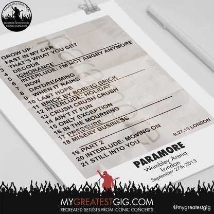 Paramore - Wembley Arena - September 27th 2013 Recreated Setlist Poster