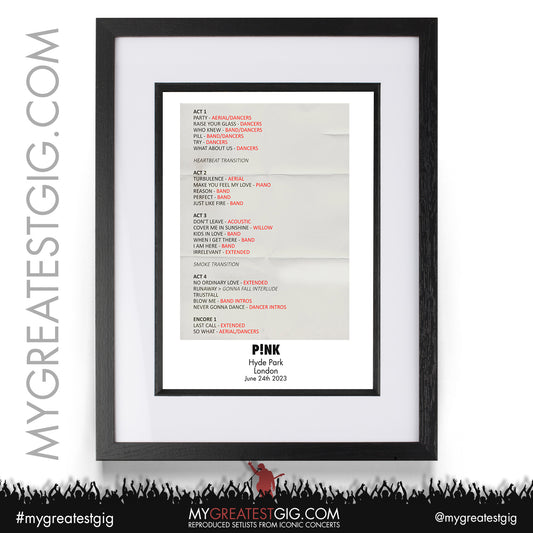 Pink - London - June 24th 2023 Recreated Setlist Poster