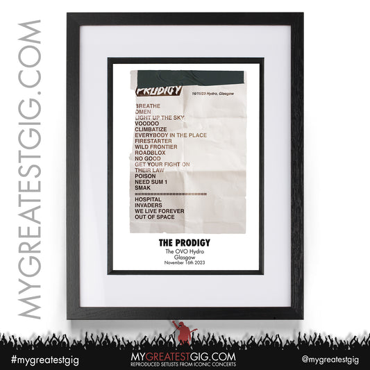 The Prodigy - Glasgow - November 16th 2023 Recreated Setlist Poster