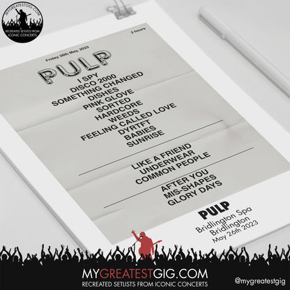 Pulp - Bridlington - May 26th 2023 Recreated Setlist Poster