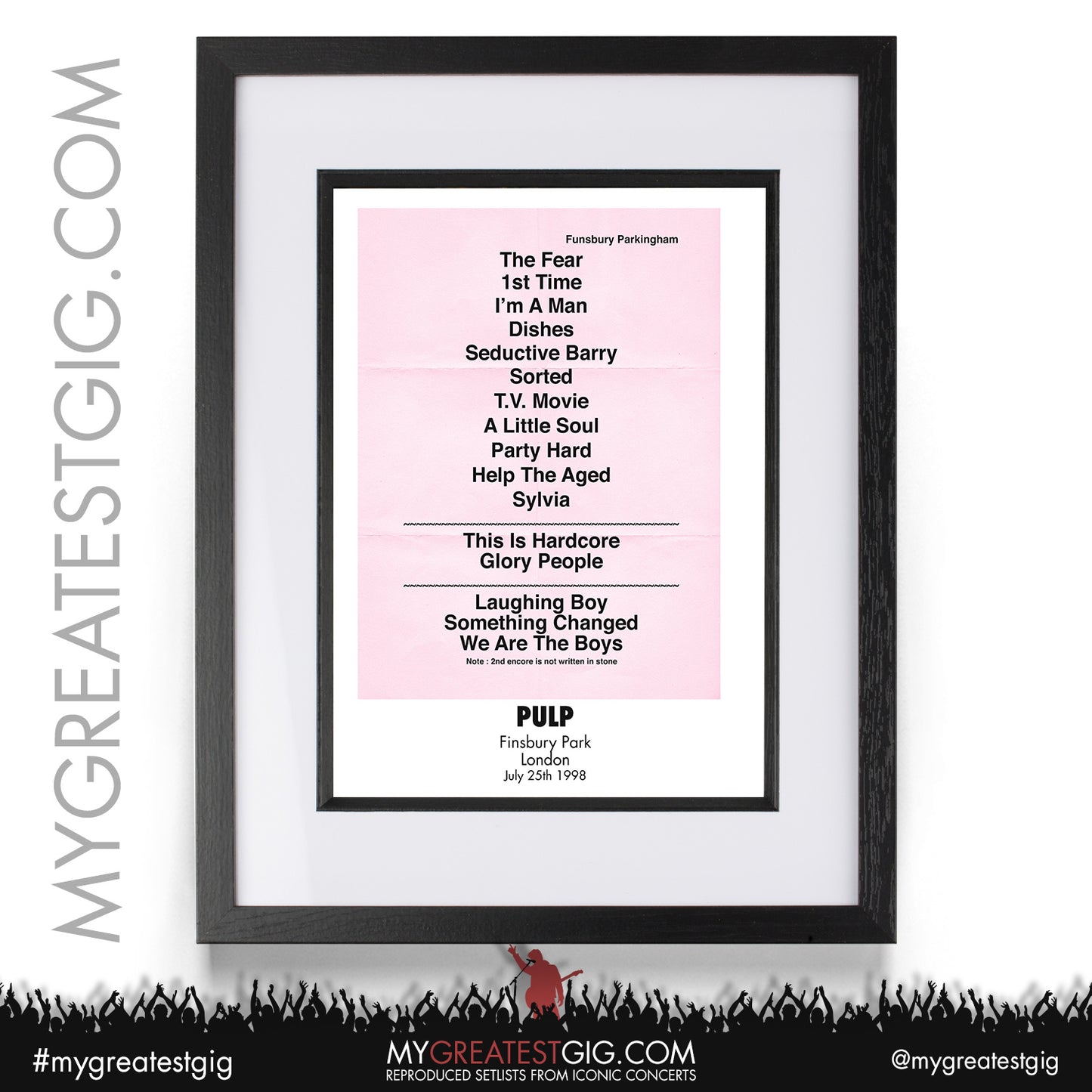 Pulp - Finsbury Park - July 25th 1998 Recreated Setlist Poster