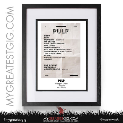 Pulp - Glasgow - July 7th 2023 Recreated Setlist Poster