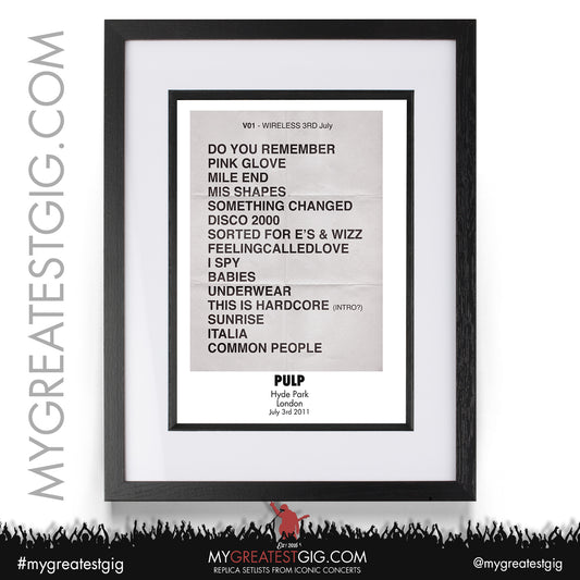 Pulp - London - July 3rd 2011 Replica Setlist Poster