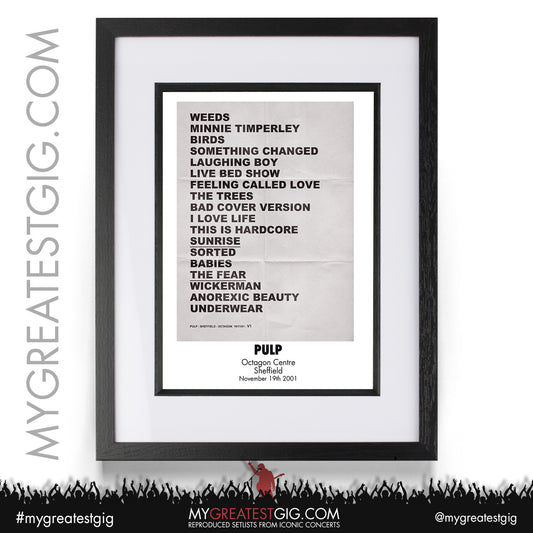 Pulp - Sheffield - November 19th 2001 Recreated Setlist Poster