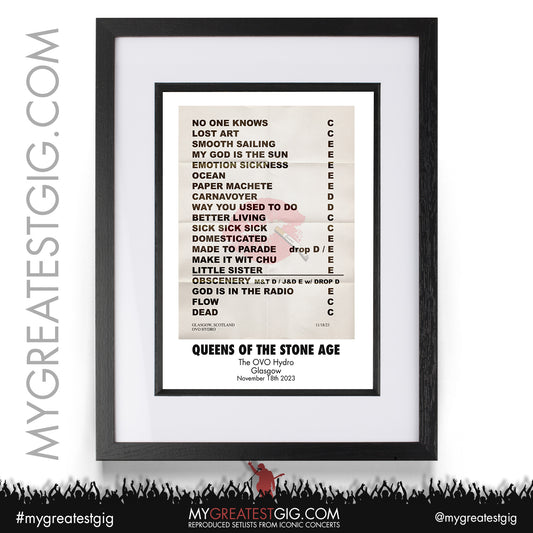 Queens Of The Stone Age - Glasgow - November 18th 2023 Recreated Setlist Poster