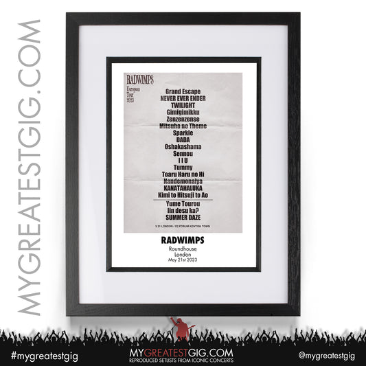 Radwimps - London - May 21st 2023 Recreated Setlist Poster