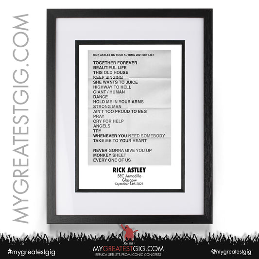 Rick Astley - Glasgow - September 14th 2021 Replica Setlist Poster