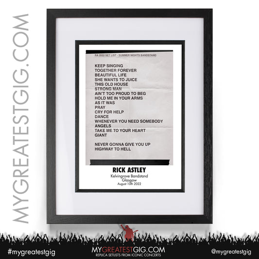 Rick Astley - Glasgow - August 10th 2022 Replica Setlist Poster